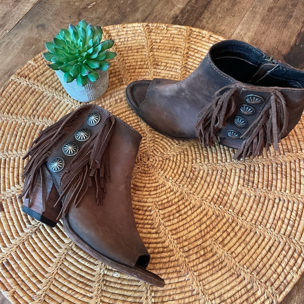 {Liberty Black} Sexy Western Style Boho Fringe Dark Tea Stain Peep Bootie